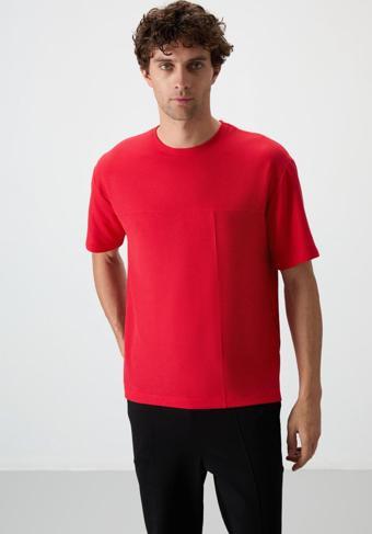 Kırmızı Waffle İnterlok Yüzeyi Dokulu Oversize Fit Basic Erkek T-Shirt - 88380