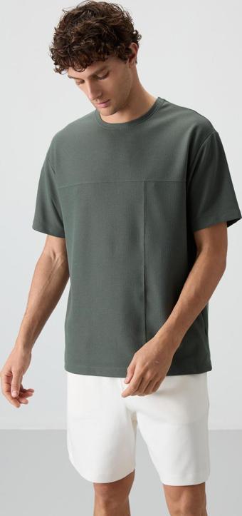 Haki Waffle İnterlok Yüzeyi Dokulu Oversize Fit Basic Erkek T-Shirt - 88380