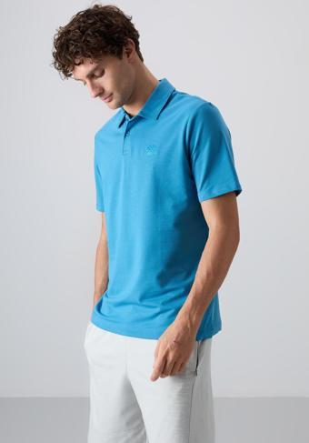 Petrol Mavi Pamuklu Kalın Yumuşak Dokulu Standart Fit Basic Polo Yaka Erkek T-Shirt - 88348