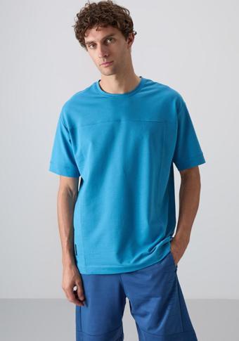 Petrol Mavi Pamuklu Kalın Yumuşak Dokulu Oversize Fit Basic Erkek T-Shirt - 88349
