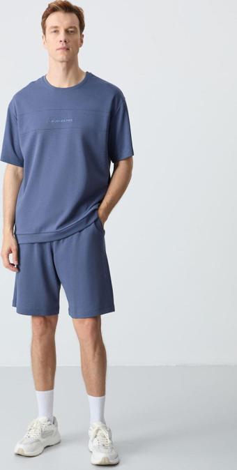 Petrol Pamuklu Kalın Yumuşak Dokulu Oversize Fit Basic Erkek Şort Takım - 85257