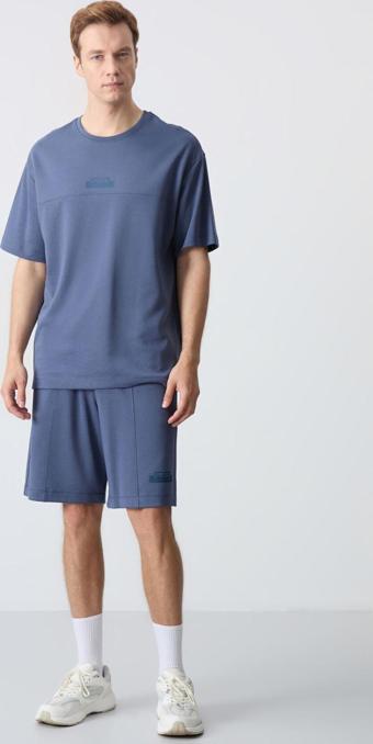 Petrol Pamuklu Kalın Yumuşak Dokulu Oversize Fit Basic Erkek Şort Takım - 85259