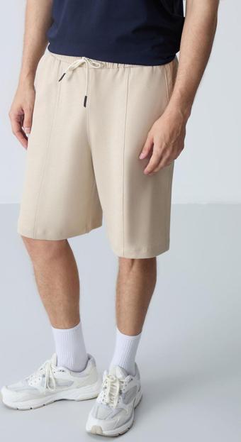 Bej Pamuklu Kalın Yumuşak Dokulu Standart  Fit Basic Erkek Şort  - 81277