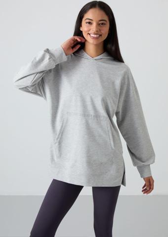 Gri Melanj Balon Kol Yazı Nakışlı Kadın Oversize Tunik Sweatshirt - 97163