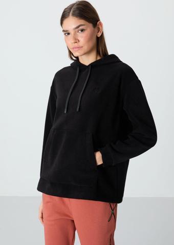 Siyah Kalın Yumuşak Dokulu Kapüşonlu Oversize Nakışlı Polar Kadın Sweatshirt - 97292