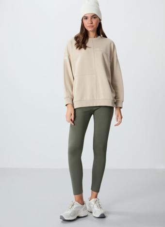 Bej Kompakt Pamuklu Kalın Pürüzsüz Dokulu O Yaka Oversize Fit Kadın Sweatshirt - 97288