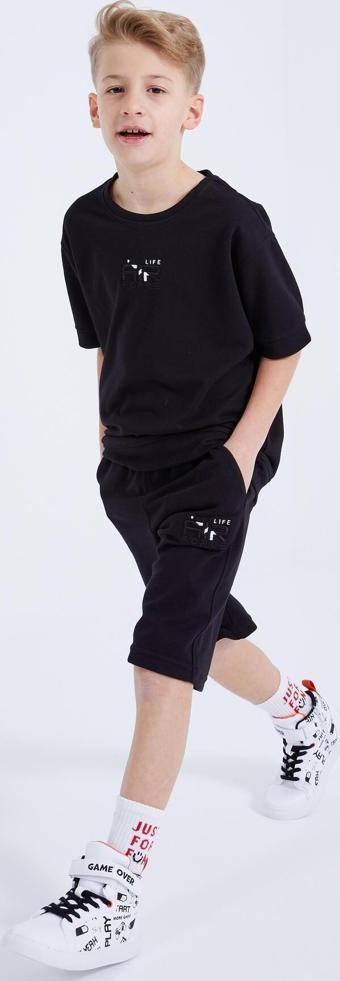 Siyah Yazı Nakışlı Oversize Erkek Çocuk Şort Takım - 10897