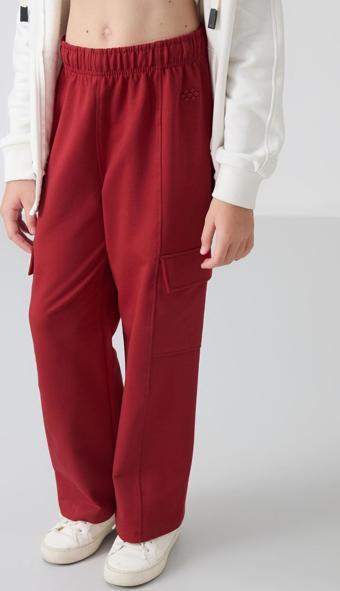 Koyu Kırmızı Kargo Cepli Ön Dikiş Detaylı Geniş Paça Kız Çocuk Eşofman Altı - 75143