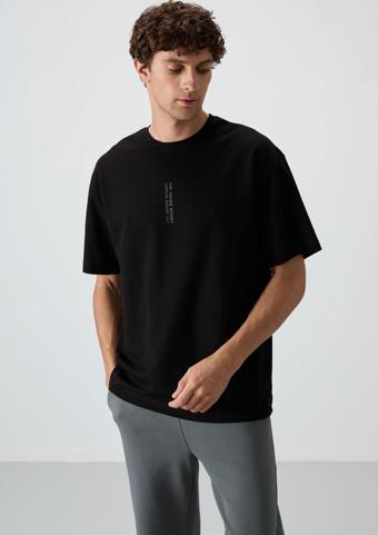 Siyah Pamuklu Kalın Yüzeyi Dokulu Oversize Fit  Baskılı Erkek T-Shirt - 88368
