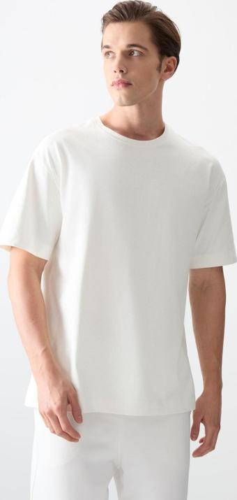 Ekru %100 Pamuk Kalın Yumuşak Dokulu Oversize Fit Basic Erkek T-Shirt - 88353