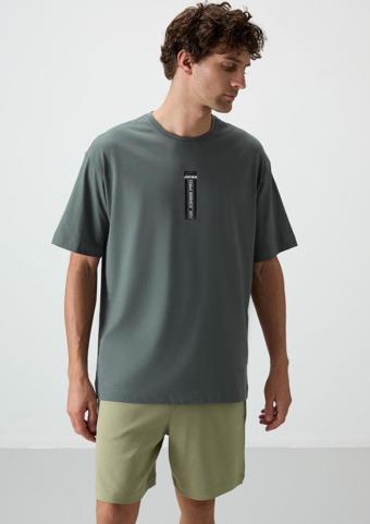 Haki %100 Pamuk Kalın Yumuşak Dokulu Oversize Fit Baskılı Erkek T-Shirt - 88360