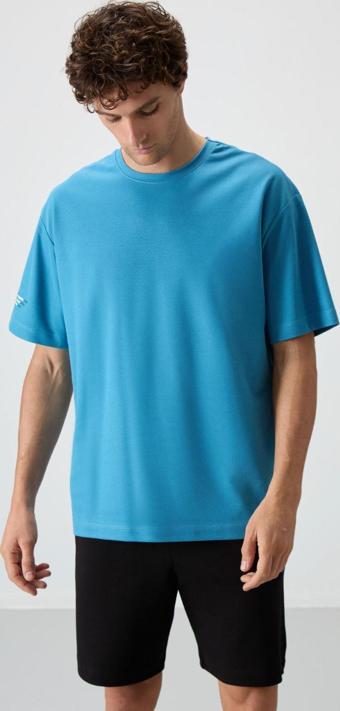 Petrol Mavi Pamuklu Kalın Yüzeyi Dokulu Oversize Fit  Baskılı Erkek T-Shirt - 88369