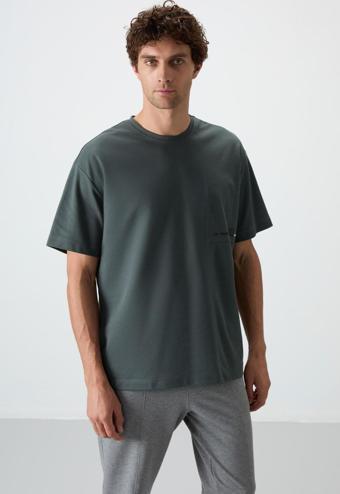Haki Pamuklu Kalın Yüzeyi Dokulu Oversize Fit  Baskılı Erkek T-Shirt - 88370