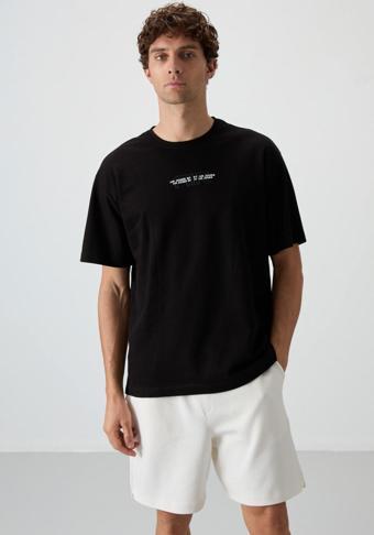 Siyah Pamuklu Kalın Yüzeyi Dokulu Oversize Fit  Baskılı Erkek T-Shirt - 88372