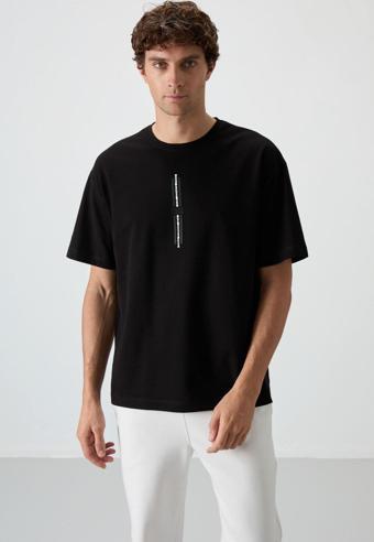 Siyah Pamuklu Kalın Yüzeyi Dokulu Oversize Fit  Baskılı Erkek T-Shirt - 88366