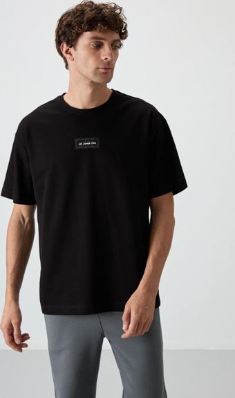 Siyah Pamuklu Kalın Yüzeyi Dokulu Oversize Fit  Baskılı Erkek T-Shirt - 88367