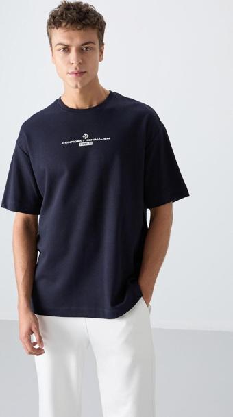 Lacivert Pamuklu Kalın Yumuşak Dokulu Oversize Fit Baskılı Erkek T-Shirt - 88321