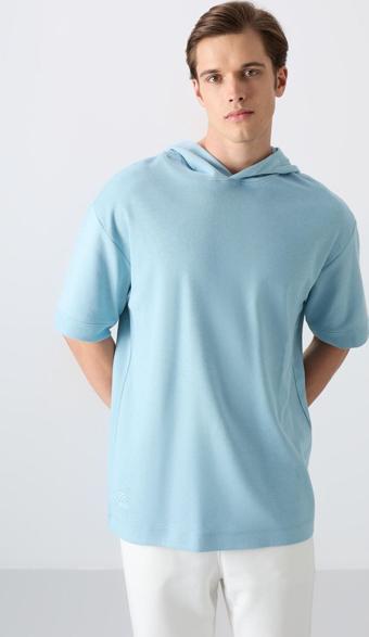 Açık Mavi Pamuklu Kalın Yüzeyi Dokulu Oversize Fit Basic Erkek T-Shirt - 88335