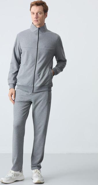 Gri Melanj Pamuklu Kalın Yumuşak Dokulu Comfort Fit Basic Erkek Eşofman Takım - 85260