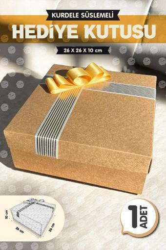 Kurdeleli Hediye Kutusu Kraft 26x26x10cm Bohça Nişan Gelin Damat Boş Hediye Kutusu 1Adet-K3-T1142