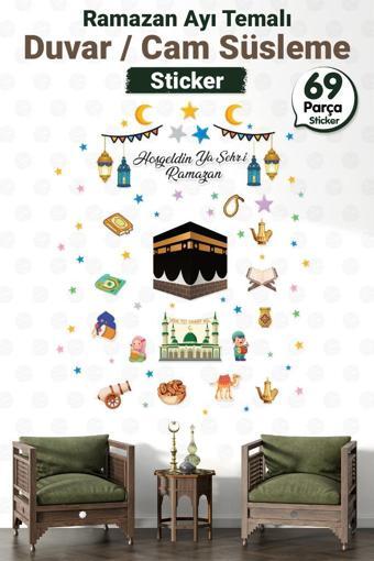 Ramazan Ayı Temalı Süsleme, Kabe Ve Ramazan Figürleri Cam Duvar Sticker Seti-T1163