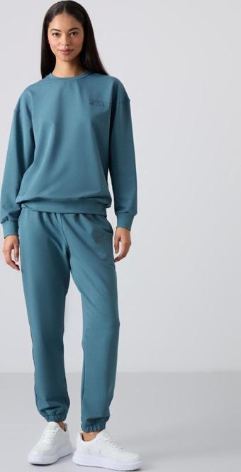 Orman Yeşili Basic Pamuklu O Yaka Oversize Lastik Paça Kadın Eşofman Takım - 95287