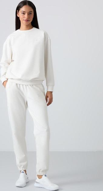 Ekru Basic Pamuklu O Yaka Oversize Lastik Paça Kadın Eşofman Takım - 95287