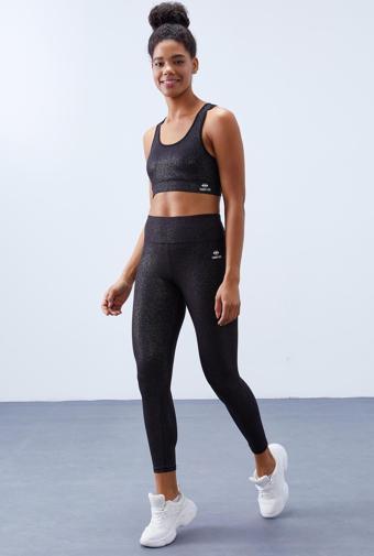 Siyah-gümüş - Siyah Yüksek Bel Toparlayıcılı Sırt Detaylı Slim Fit Büstiyer Kadın Tayt Takım - 95281