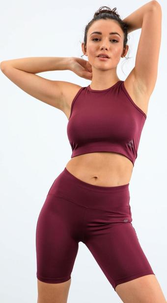 Bordo Yüksek Bel Toparlayıcı Dar Kalıp Crop Biker Kadın Tayt Takım - 95302