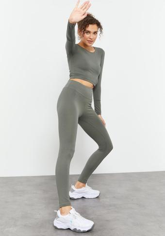 Çağla Yüksek Bel Uzun Kollu Slim Fit Crop Top Kadın Tayt Takım - 95286