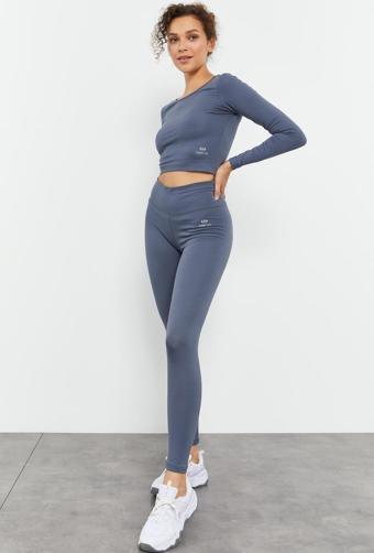 Petrol Yüksek Bel Uzun Kollu Slim Fit Crop Top Kadın Tayt Takım - 95286