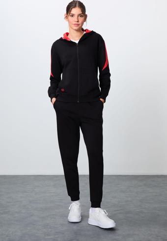 Siyah Kompakt Pamuklu Kalın Pürüzsüz Dokulu Kapüşonlu Oversize Fit Kadın Eşofman Takım - 95343