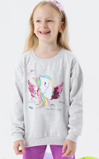 Breeze Kız Çocuk Sweatshirt Unicorn Baskılı 2-6 Yaş, Gri Melanj