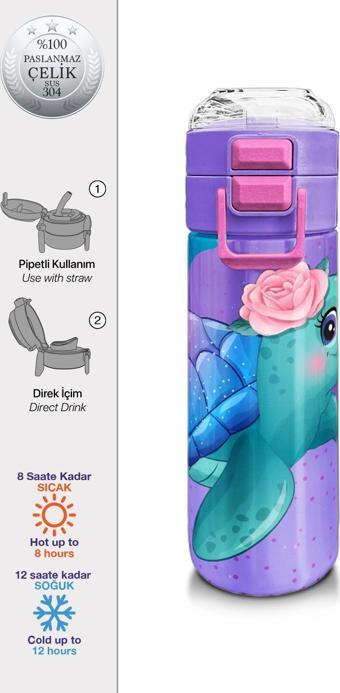 Coral High Kids Açık Pembe Mavi Kaplumbağa Desenli Pipetli ve Direkt İçim Çelik Termos 500 ml 31808