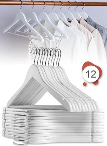 Babylondy 12 Adet - Ahşap Görünümlü Plastik Kıyafet Ve Elbise Askısı Beyaz
