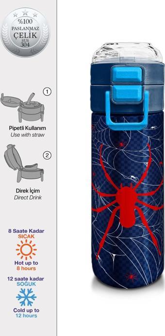 Coral High Kids Lacivert Kırmızı Örümcek Desenli Pipetli ve Direkt İçim Çelik Termos 500 ml 31931