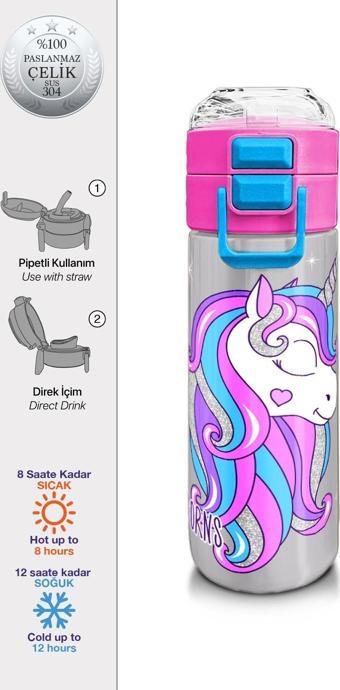 Coral High Kids Pembe Gümüş Unicorn Desenli Pipetli ve Direkt İçim Çelik Termos 500 ml 31821