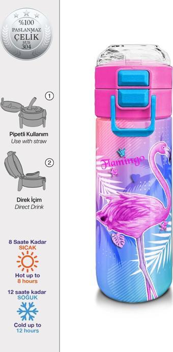 Coral High Kids Lavanta Pembe Flamingo Desenli Pipetli ve Direkt İçim Çelik Termos 500 ml 31921
