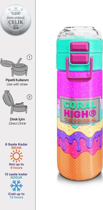 Coral High Kids Pembe Rengarenk Dondurma Desenli Pipetli ve Direkt İçim Çelik Termos 500 ml 31938