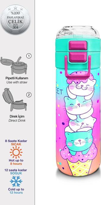 Coral High KidsRenkli Dondurmalı Kedi Desenli Pipetli ve Direkt İçim Çelik Termos 500 ml 31812