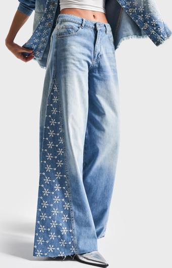 Kadın Mavi Kot Rengi 2S5-75 Çiçek Nakışlı Palazzo Fit %100 Koton Tasarım Denim Jean