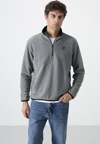 Gri Melanj Yarım Fermuarlı Sweatshirt Slim Fit Dik Yaka Erkek Polar - 87891