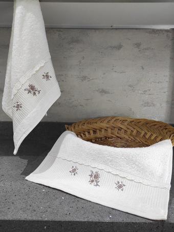 Sevim %100 Pamuk & Nakışlı Havlu Takımı - 2'Li Dantelli Havlu Seti - 40X60 Cm – Ekru