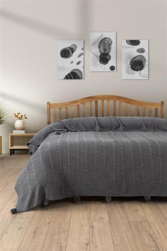 Sevim Çift Kişilik Ponponlu Triko Örme Battaniye - Modern & Şık Yatak Örtüsü -Gri - 220X240 Cm