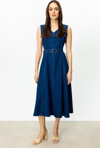Ekol Kadın Beli Kemerli Maxi Boy Elbise 5028 Indigo