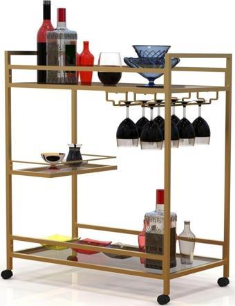 Lüks Servis Arabası & Bar & Dressuar ( Mat Gold - Şeffaf Cam)