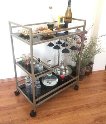 Lüks Servis Arabası & Bar & Dressuar ( Mat Gold - Siyah Cam)