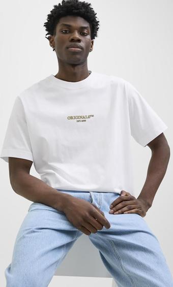 Jack & Jones Erkek Jorıslıngton Bisiklet Yaka Kısa Kollu %100 Pamuk T-Shirt 12273157 Beyaz