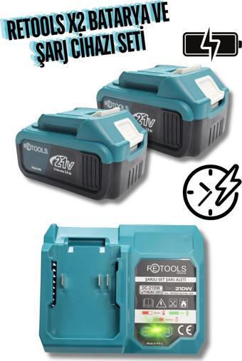 Retools Ultra Hızlı Şarj Cihazı Mavi Ve 2 Adet 10 Pilli Li-İon Batarya 21V/3.0Ah Ekonomik Set!