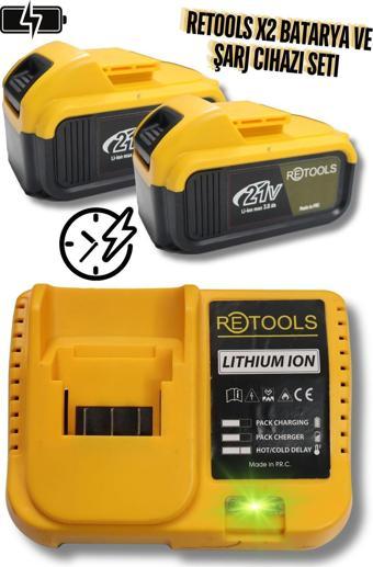 Retools Ultra Hızlı Şarj Cihazı Sarı Ve 2 Adet 10 Pilli Li-İon Batarya 21V/3.0Ah Ekonomik Set!